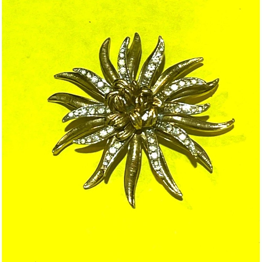 Vintage Coro Rhinestone Floral Sunburst Brooch Gold & Silver Tone Retro Jewelry
